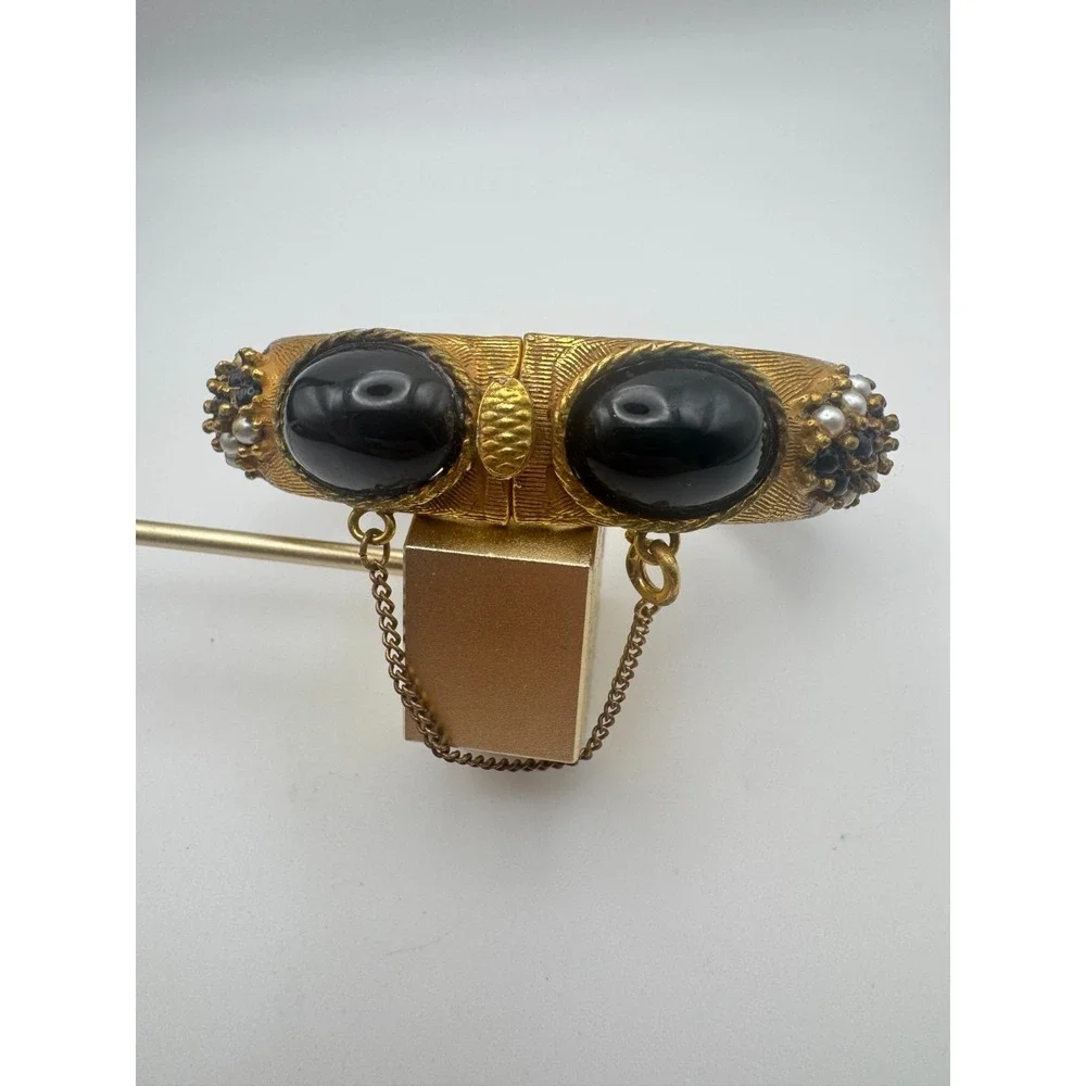 Vintage Original by Robert Bracelet Gold Tone Black Cabochon Clamper Cuff
